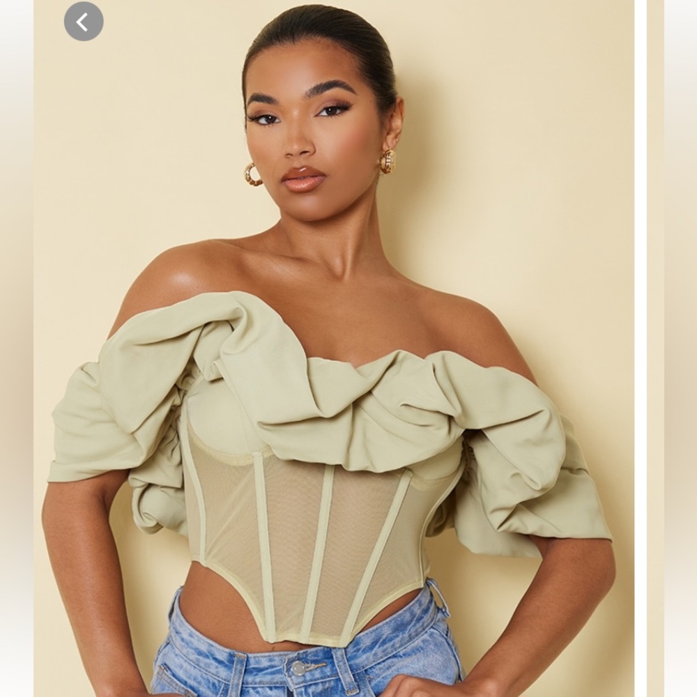 Pretty Little Thing Pistachio Woven Bardot Extreme Ruched Mesh Panelled
Corset